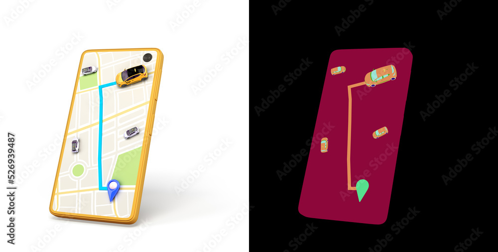 Ordering a taxi cab online internet service transportation concept navigation pin pointer with yellow taxi on phone screen 3d render illustration on white with alpha