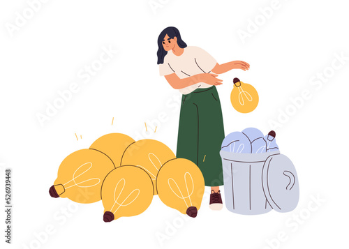 Throwing away business ideas to trash bin concept. Creative person chooses, searches solution, dislikes bad useless thoughts, lightbulbs. Flat graphic vector illustration isolated on white background