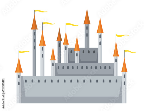 Medieval kingdom castle or royal fortress. Fairy-tale buildind of middle ages historic period. Vector building exterior design