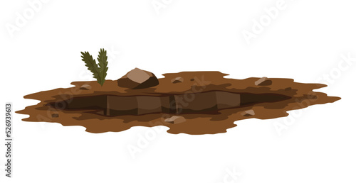 Hole ground. Entrance underground, big crack or ruin. Dirty, dark entrance, detailed drawing in cartoon style. Ground hole, deep pit with grass and stones. Cartoon den of wild animal