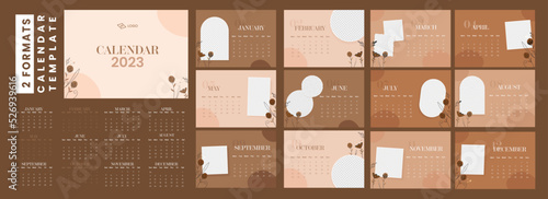 2 Formats Complete Set Of 2023 Yearly Calendar Template Design With Space For Image Or Text In Peach And Brown Color.