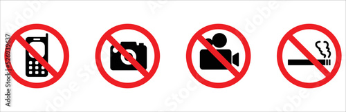 No photos, non smoking area, no video and no phones forbidden sign, icon, symbol, vector, vector illustration