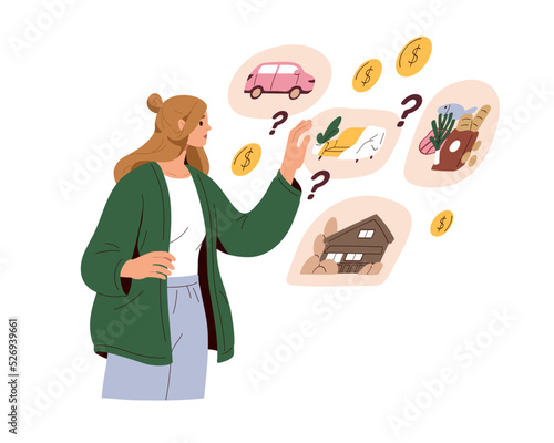 Person deciding how to spend money, planning purchases. Making choice, decision in finance concept. Woman choosing, thinking about expenses. Flat vector illustration isolated on white background