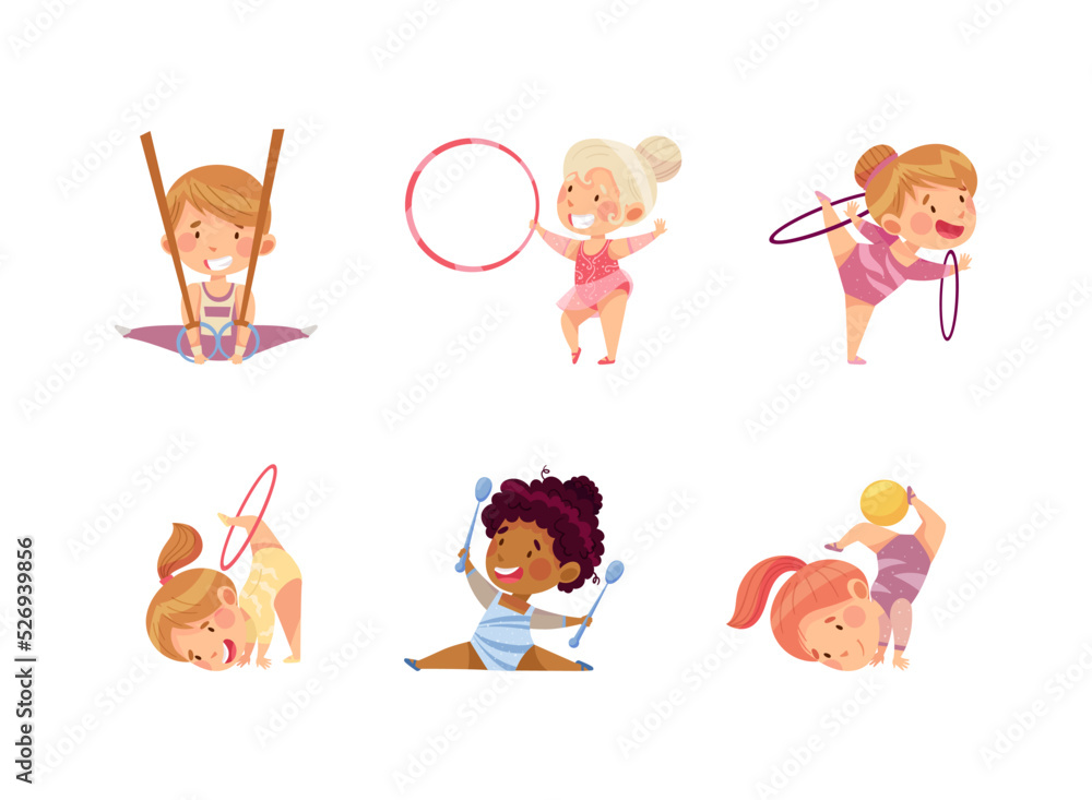 Little Kids Doing Artistic Gymnastics with Still Rings and Hula Hoop Vector Set Little Kids Doing Artistic Gymnastics with Still Rings and Hula Hoop Vector Set