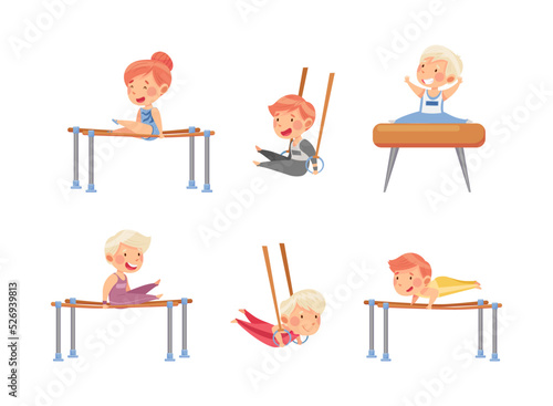 Little Kids Doing Artistic Gymnastics with Still Rings and Parallel Bars Vector Set