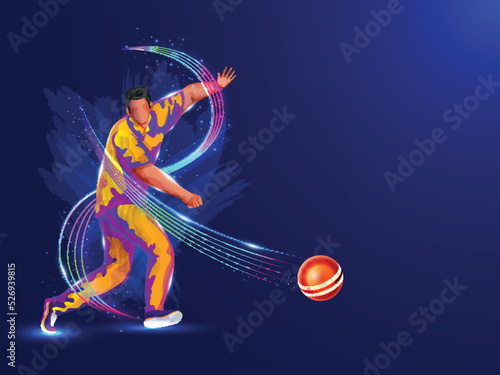 Faceless Bowler Player Throwing Ball And Gradient Lights Line Against Blue Background.