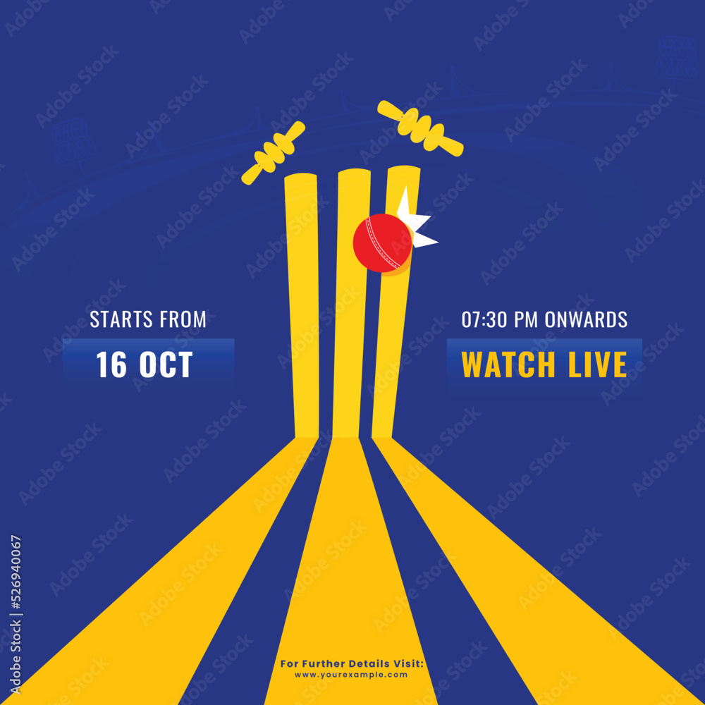 Watch Live Cricket Match Concept With Red Ball Hitting Wicket Stamp On Blue And Yellow Background