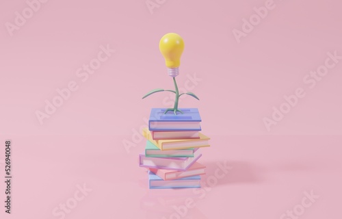 Photography Light bulb tree growing from stack of books, increase knowledge for career growth or better opportunity concept, 3d render illustration