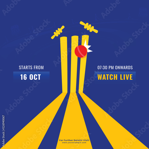Watch Live Cricket Match Concept With Red Ball Hitting Wicket Stamp On Blue And Yellow Background. photo