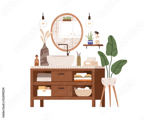 Mirror, washbasin in bathroom interior. Scandinavian hygiene room furniture and home plant. Modern sink, shelf, wood chest of drawers with towels. Flat vector illustration isolated on white background