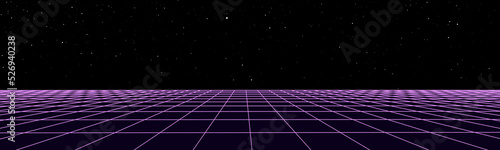 Digital retro perspective grid 1980s style. Futuristic cyber surface. 80s Retro Sci-Fi background. Album cover or banner in the style of the 80-90s Vector illustration.