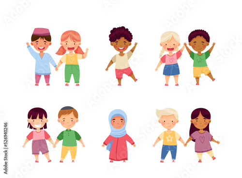 Cheerful Boy and Girl of Diverse Nationality Holding Hands and Smiling Vector Set
