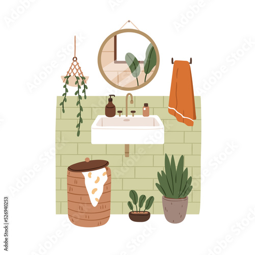 Bathroom mirror and sink in modern interior. Hygiene bath room furniture, dec...