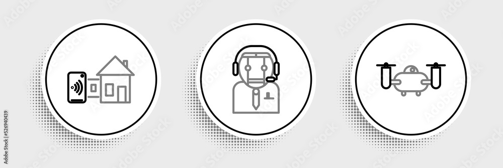 Set line Drone flying with action camera, Smart home and Worker robot icon. Vector Set line Drone flying with action camera, Smart home and Worker robot icon. Vector