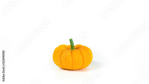 Cute orange pumpkin isolated on white background. Decorative squash side view with copy space. The concept of diet organic food for vegetarians.