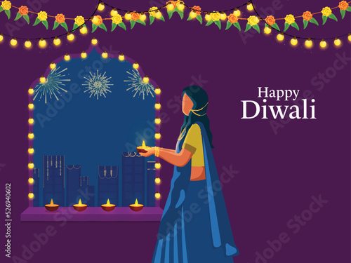 Happy Diwali Celebration Poster Design With Indian Woman Holding Lit Oil Lamp (Diya), Traditional Floral Garland (Toran) On Purple And Blue Buildings Background.