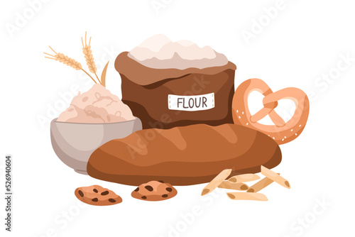 Grain food, cereal products. Bread, bakery, wheat flour in bag and bowl, pasta, cookies. Healthy carbohydrate nutritions, nutrients composition. Flat cartoon vector illustration isolated on white