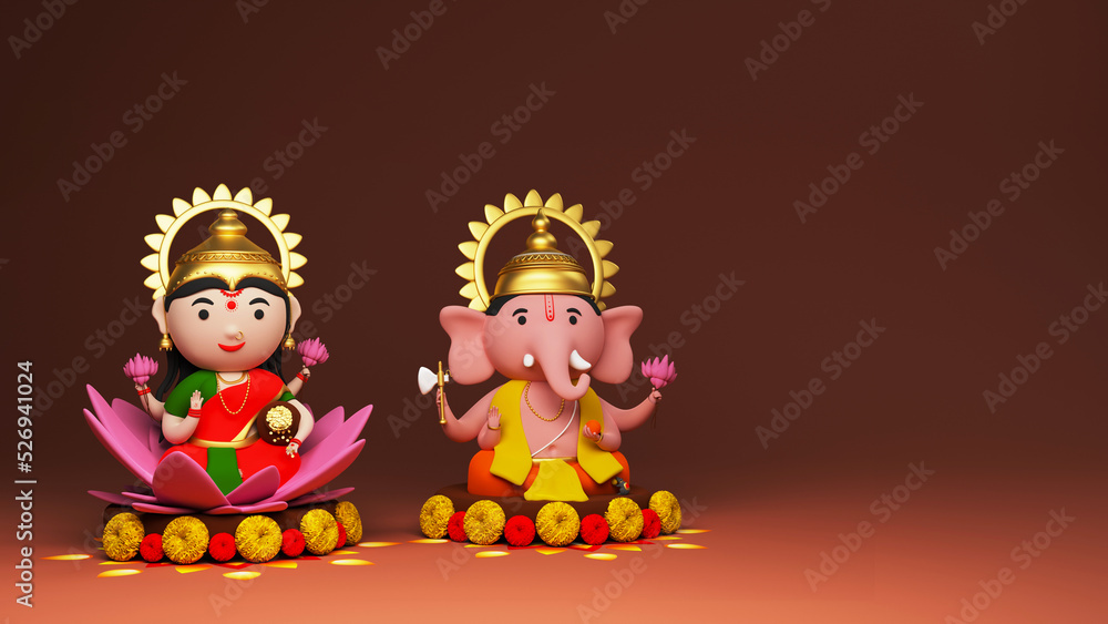 3D Rendering Of Lord Ganesha And Lakshmi Worshipped Together On Brown Background. 3D Rendering Of Lord Ganesha And Lakshmi Worshipped Together On Brown Background.