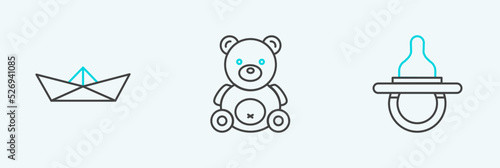 Set line Baby dummy pacifier, Folded paper boat and Teddy bear plush toy icon. Vector