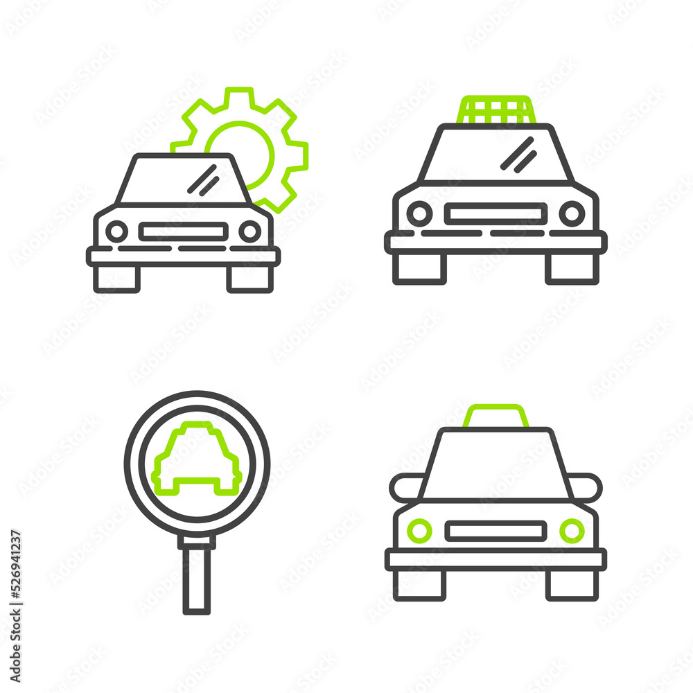 Set line Taxi car, Magnifying glass and taxi, and Car service icon. Vector Set line Taxi car, Magnifying glass and taxi, and Car service icon. Vector
