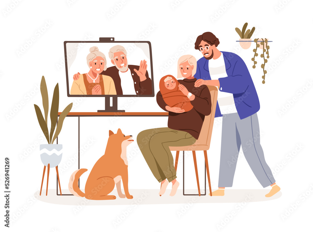 Family, parents with newborn baby during online video call with grandparents. Meeting, welcoming new born child, infant via internet. Flat graphic vector illustration isolated on white background