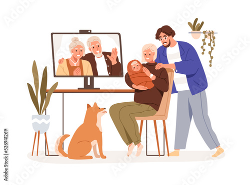 Family, parents with newborn baby during online video call with grandparents. Meeting, welcoming new born child, infant via internet. Flat graphic vector illustration isolated on white background