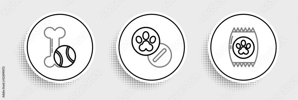 Set line Bag of food for pet, Pet toys bone rubber and ball and Dog pills icon. Vector