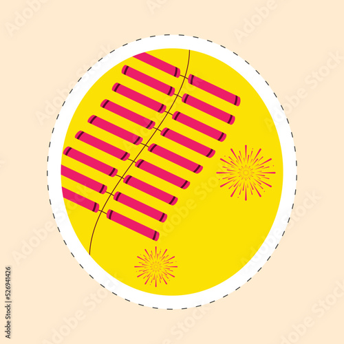 Circular Sticker Of Red Firecracker Strip With Fireworks Against Yellow Background.
