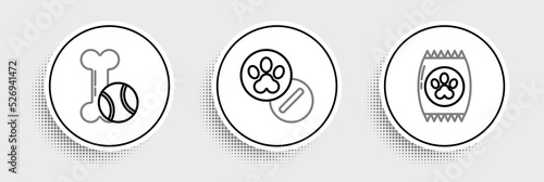 Set line Bag of food for pet, Pet toys bone rubber and ball and Dog pills icon. Vector