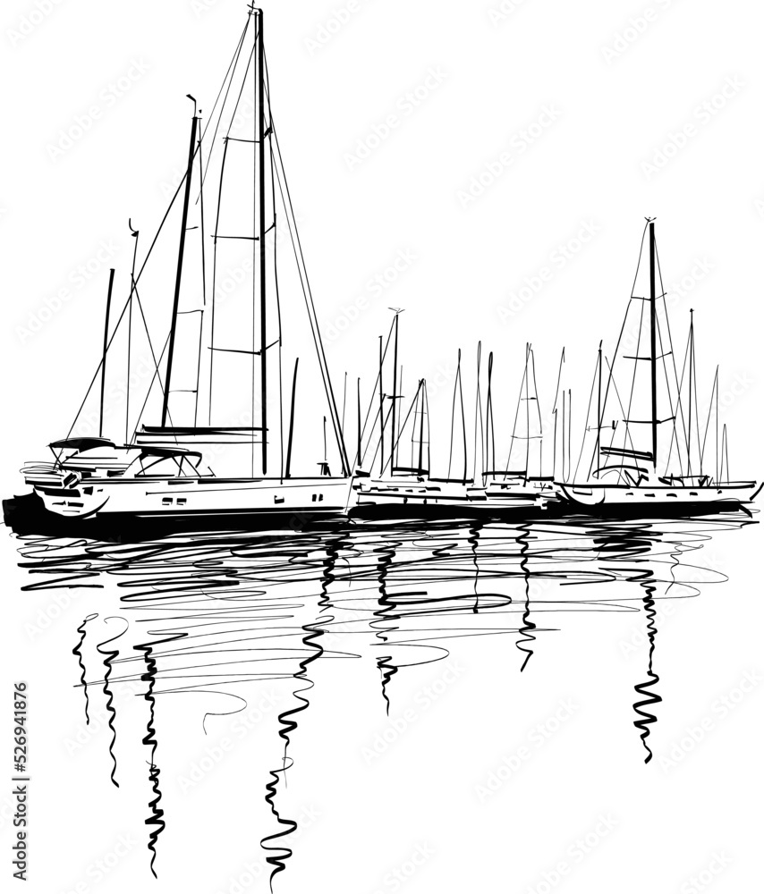 vector illustration of the yachts in the harbor - obrazy, fototapety, plakaty 