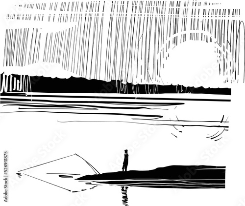 vector sketch of the fisherman on the river