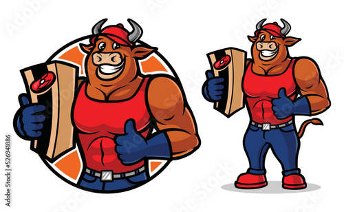 Beef delivery mascot, cow mascot with a stocky body for logo or illustration vector