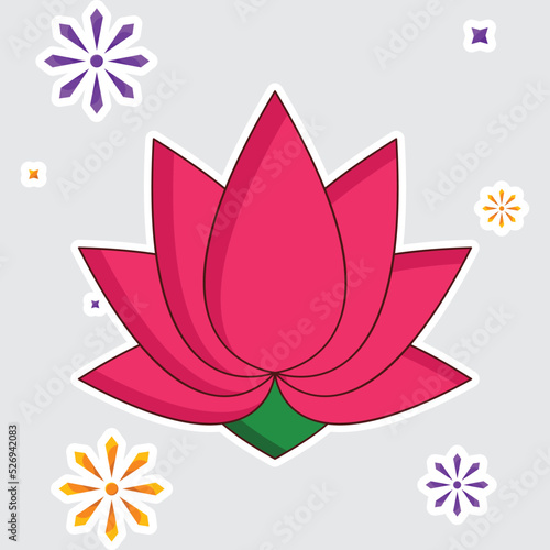 Sticker Style Red Lotus Flower Over Colorful Stars White Background.