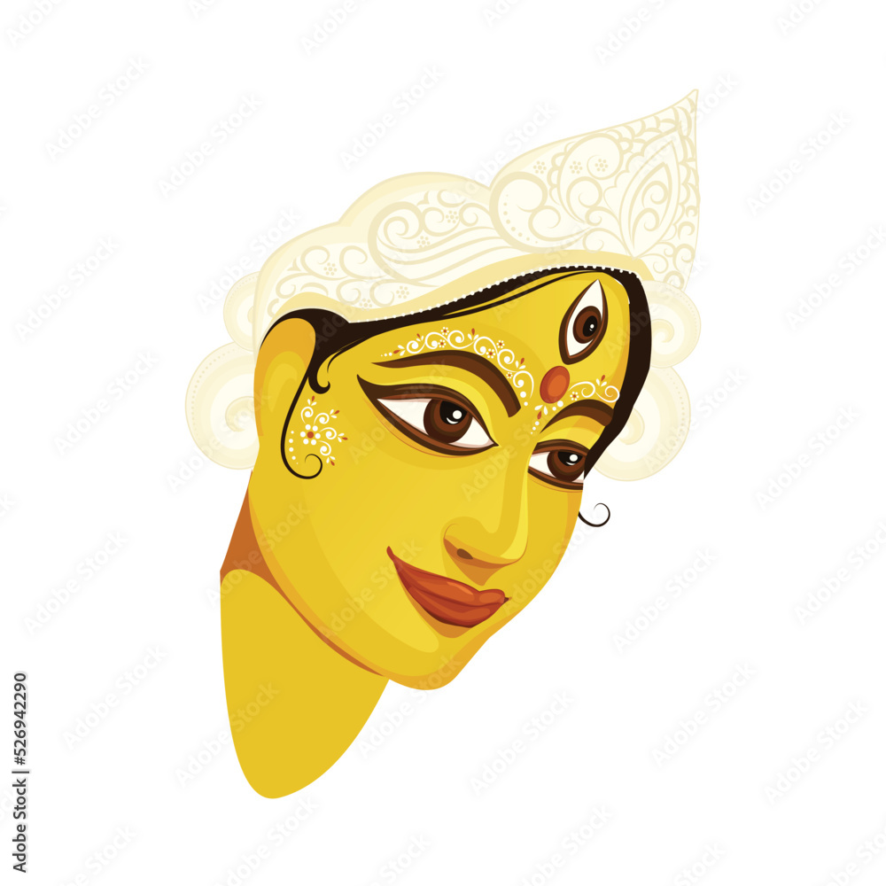 Yellow tryambake Goddess Durga Face Over White Background.