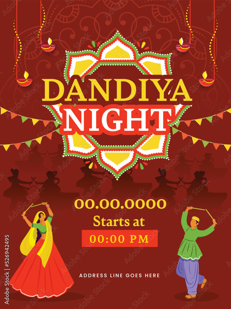 Dandiya Night Party Invitation Card With Indian Couple Dancing On Burnt