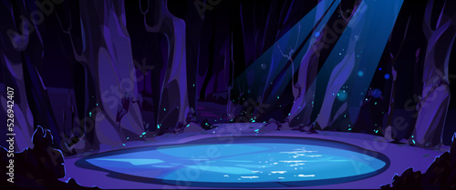 Night forest landscape with clear pond, trees and glowworms under moon light beams. Cartoon fantasy nature game background, moonlight reflection on lake. Wild dark scenery wood Vector illustration