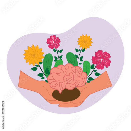Illustration Of Human Hands Holding Brain With Floral Against Violet And White Background For Mental Healthcare Concept.