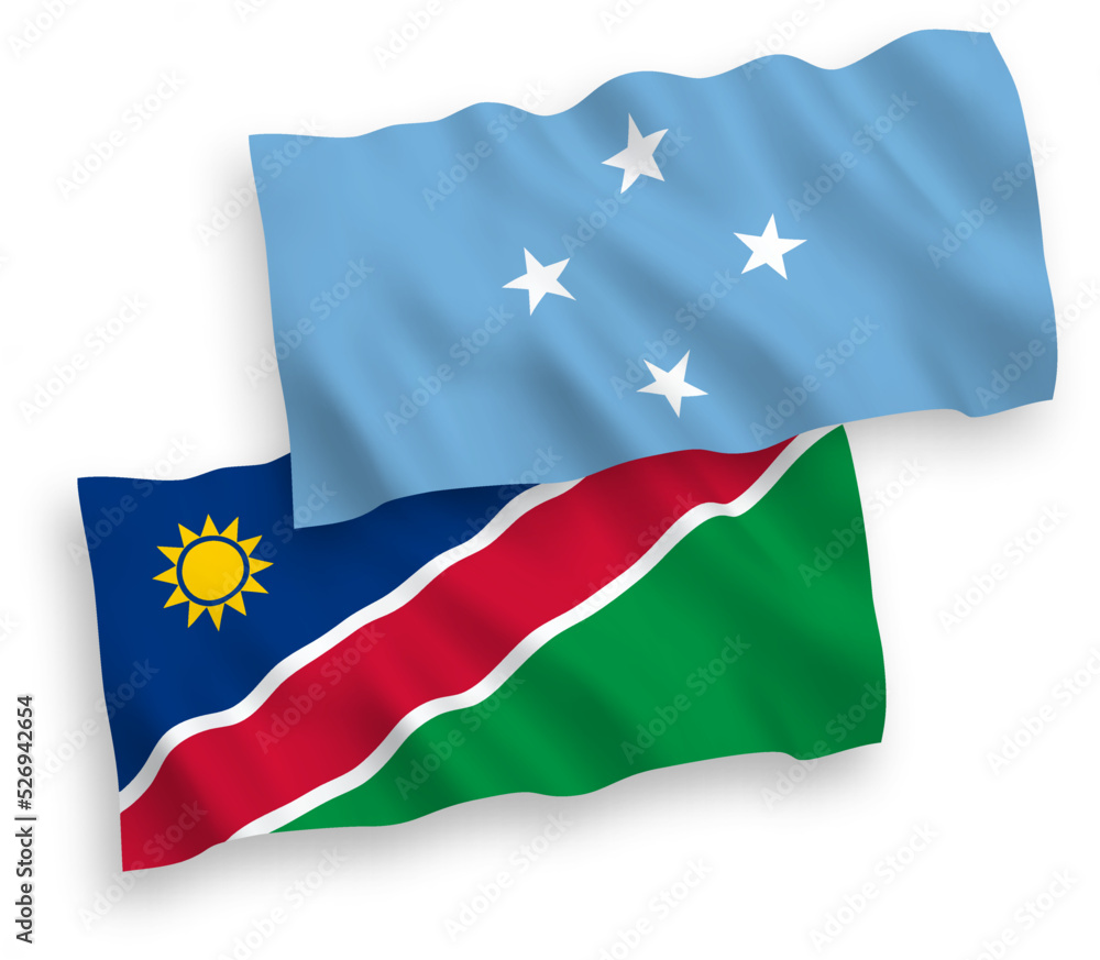 National vector fabric wave flags of Federated States of Micronesia and Republic of Namibia isolated on white background. 1 to 2 proportion. National vector fabric wave flags of Federated States of Micronesia and Republic of Namibia isolated on white background. 1 to 2 proportion.