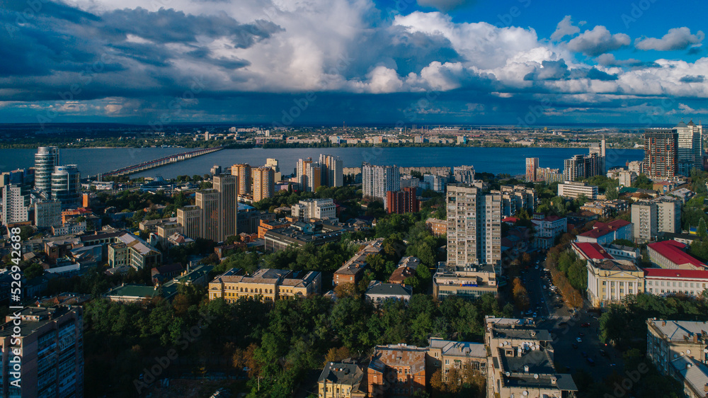 Obraz premium Dnipro, Ukraine. View of the central part of the city of the Dnieper. Top view from a great height. Panoramic view of the city.