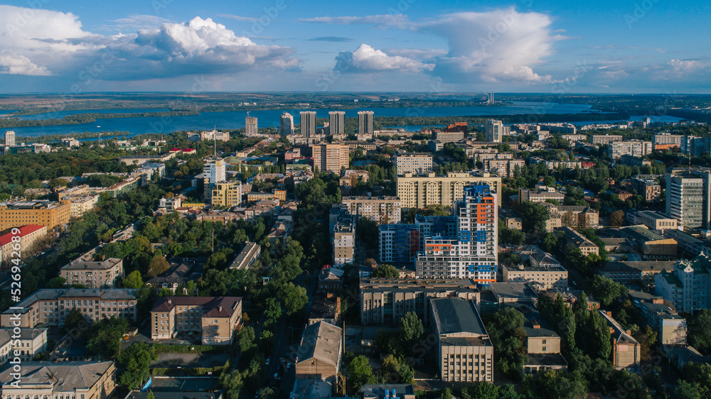 Dnipro, Ukraine. View of the central part of the city of the Dnieper. Top view from a great height. Panoramic view of the city.