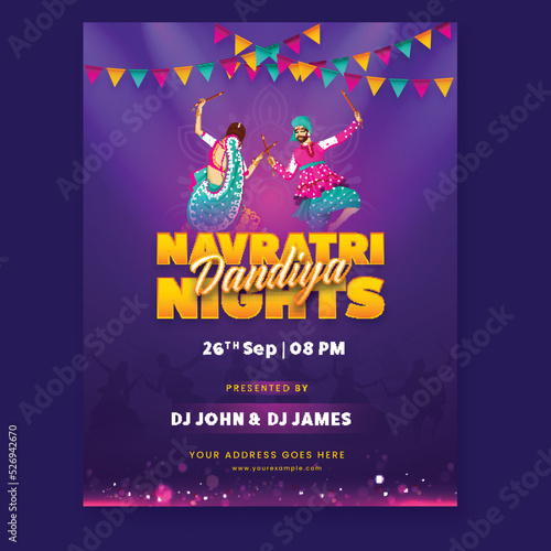 Navratri Dandiya Nights Party Invitation Card With Indian Couple Dancing And Event Details.