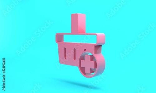 Pink Add to Shopping basket icon isolated on turquoise blue background. Online buying concept. Delivery service. Supermarket basket symbol. Minimalism concept. 3D render illustration