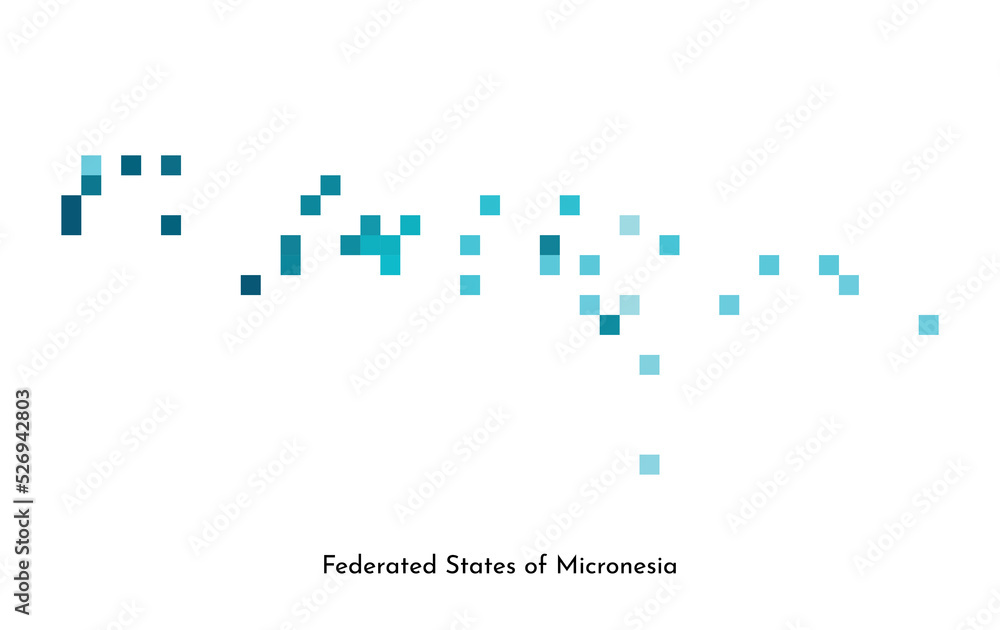Vector isolated geometric illustration with simplified icy blue silhouette of Federated States of Micronesia map. Pixel art style for NFT template. Dotted logo with gradient texture