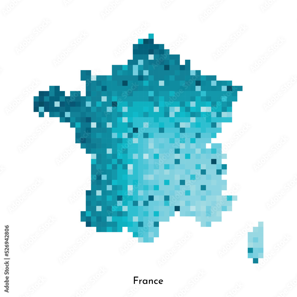 Vector isolated geometric illustration with simplified icy blue silhouette of France map. Pixel art style for NFT template. Dotted logo with gradient texture for design on white background