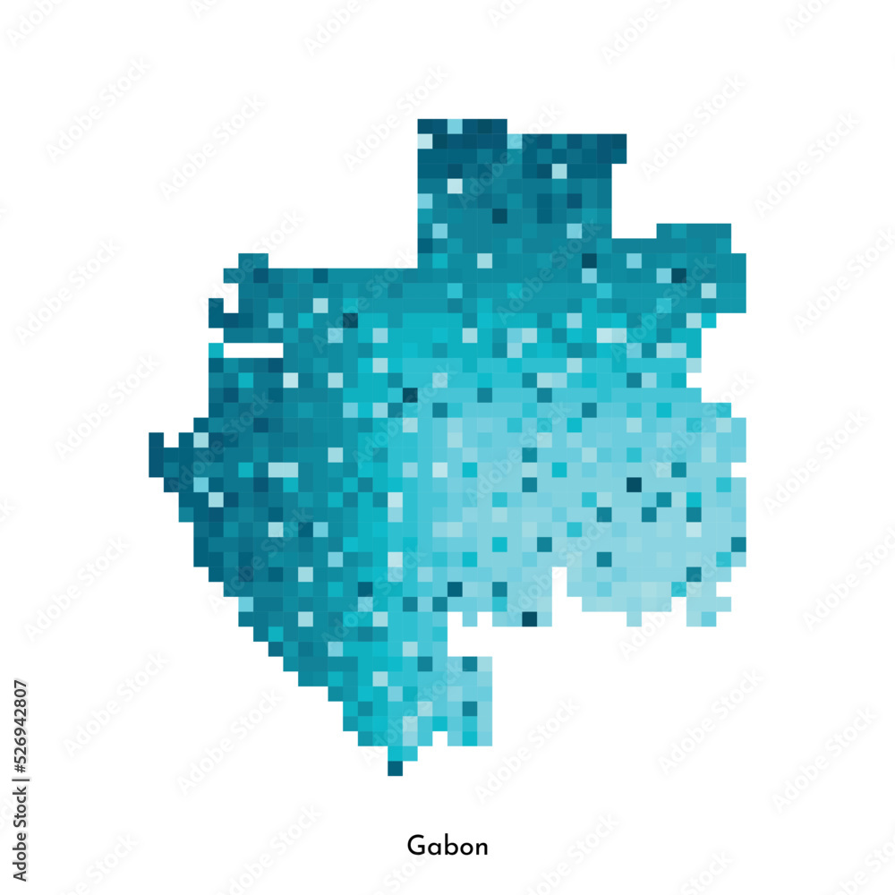 Vector isolated geometric illustration with simplified icy blue silhouette of Gabon (Gabonese Republic) map. Pixel art style for NFT template. Dotted logo with gradient texture on white background