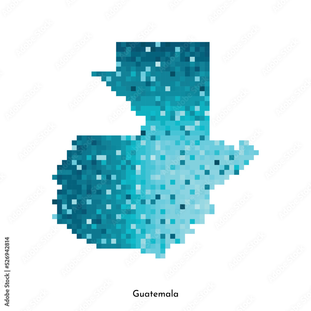 Vector isolated geometric illustration with simplified icy blue silhouette of Guatemala map. Pixel art style for NFT template. Dotted logo with gradient texture for design on white background Vector isolated geometric illustration with simplified icy blue silhouette of Guatemala map. Pixel art style for NFT template. Dotted logo with gradient texture for design on white background