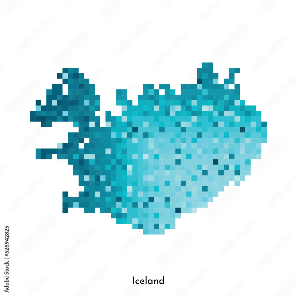 Vector isolated geometric illustration with simple icy blue shape of Iceland map. Pixel art style for NFT template. Dotted logo with gradient texture for design on white background