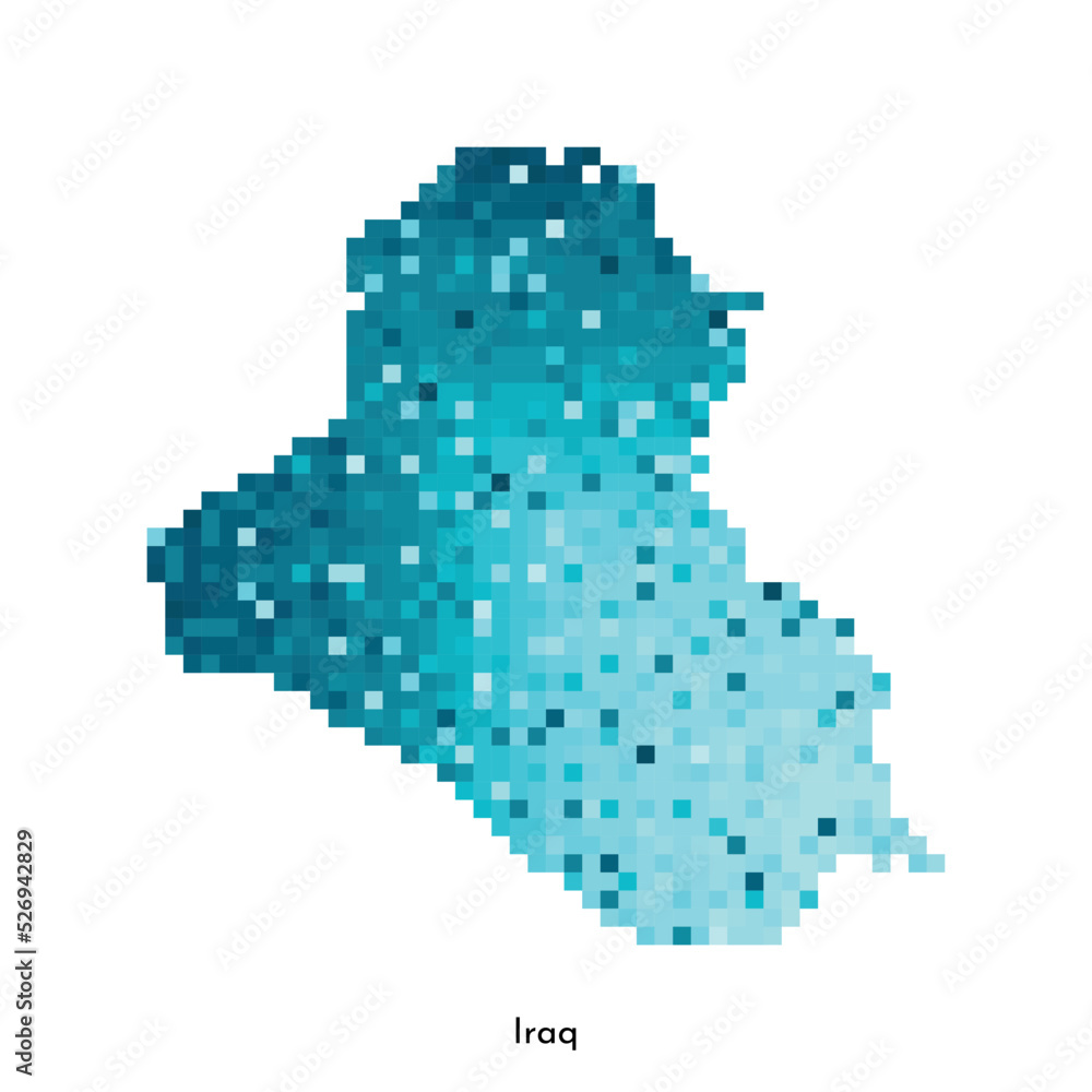 Vector isolated geometric illustration with simple icy blue shape of Iraq map. Pixel art style for NFT template. Dotted logo with gradient texture for design on white background