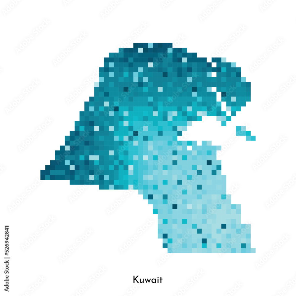 Fototapeta premium Vector isolated geometric illustration with simple icy blue shape of Kuwait map. Pixel art style for NFT template. Dotted logo with gradient texture for design on white background