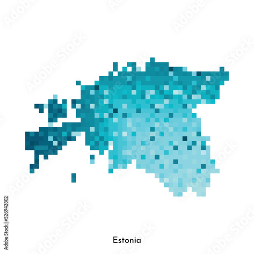 Vector isolated geometric illustration with simplified icy blue silhouette of Estonia map. Pixel art style for NFT template. Dotted logo with gradient texture for design on white background © Olli